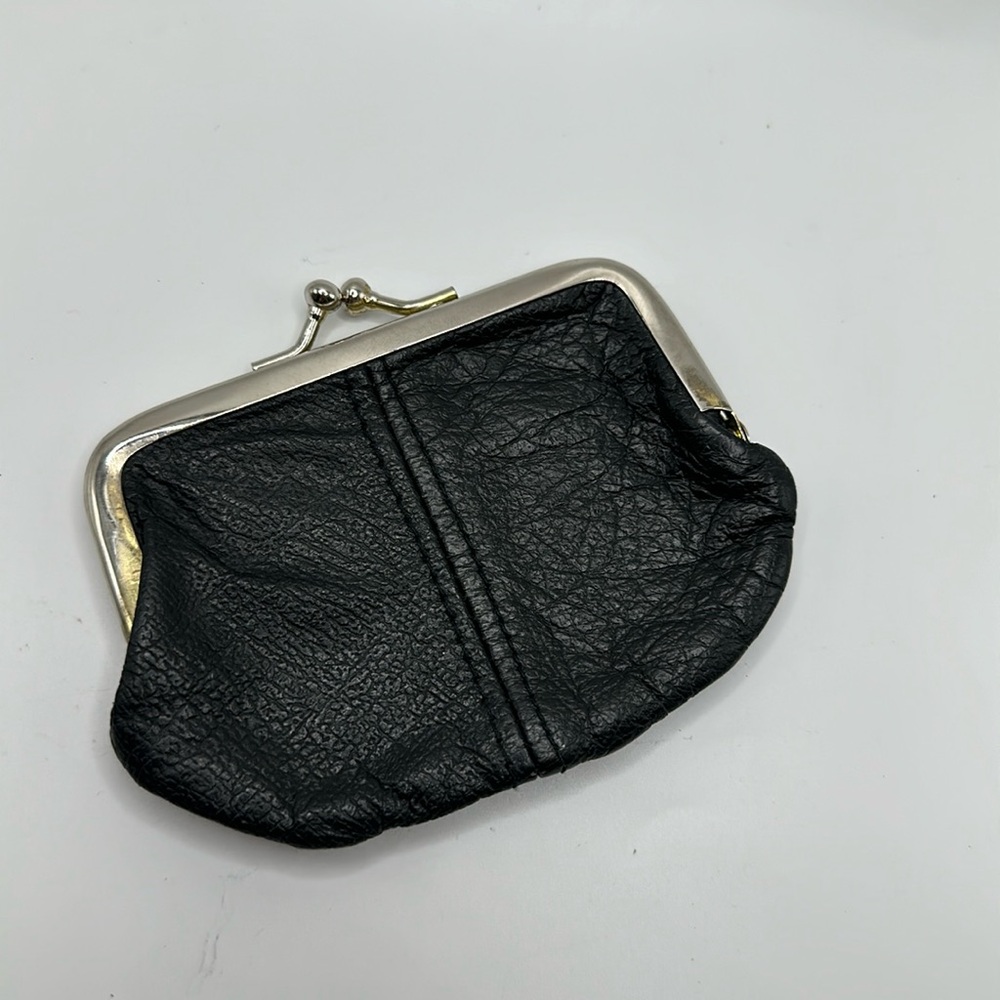 Black leather kiss lock coin purse